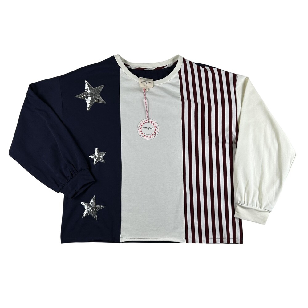 Umgee Shirt Womens Medium Patriotic Sequin Star Stripe Long Sleeve USA Oversized